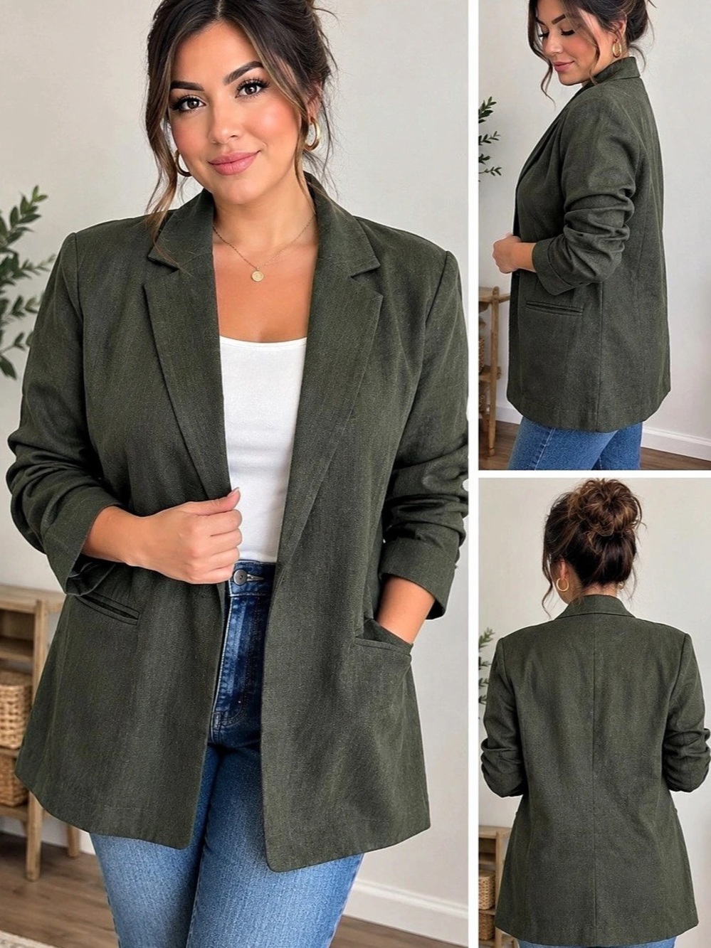 H&Medium Single-Button Blazer Dark Khaki Green Medium